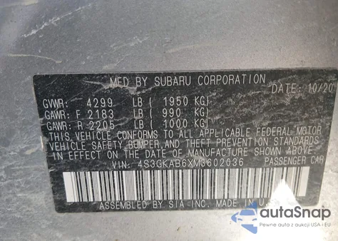 2021 Subaru Impreza Sedan z USA, uszkodzony, nr VIN 4S3GKAB6XM3602036